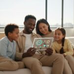 A diverse family sitting together on a couch, smiling as they view a holographic tablet displaying health insurance icons, illustrating the best health insurance options for families in 2026.