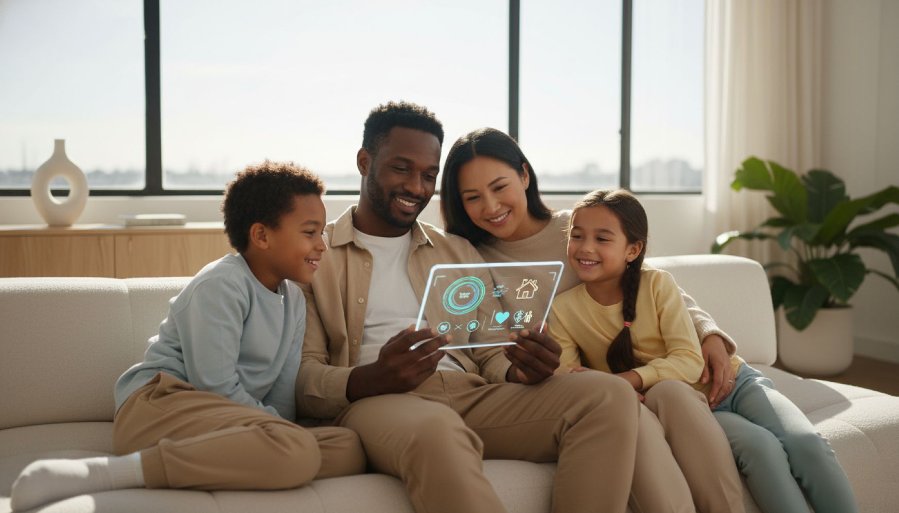 A diverse family sitting together on a couch, smiling as they view a holographic tablet displaying health insurance icons, illustrating the best health insurance options for families in 2026.