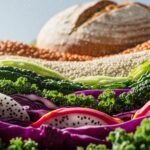 Vibrant landscape made from fiber-rich foods including whole-grain bread, lentils, corn, quinoa, broccoli, asparagus, dragon fruit, kale, and purple cabbage, arranged in colorful layers against a blue sky with sparkling effects, representing natural sources for the Fiber Revolution in modern health.