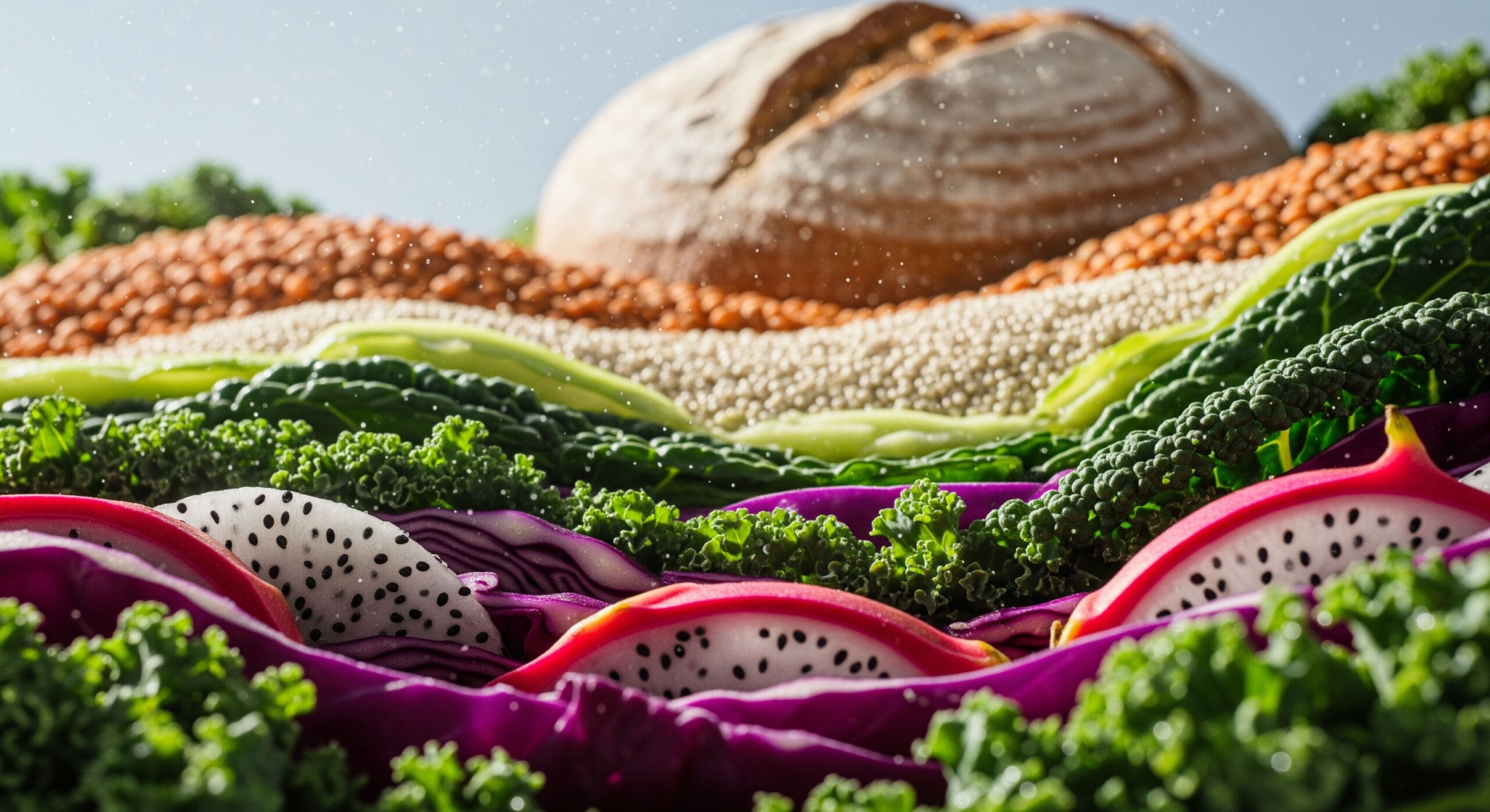 Vibrant landscape made from fiber-rich foods including whole-grain bread, lentils, corn, quinoa, broccoli, asparagus, dragon fruit, kale, and purple cabbage, arranged in colorful layers against a blue sky with sparkling effects, representing natural sources for the Fiber Revolution in modern health.