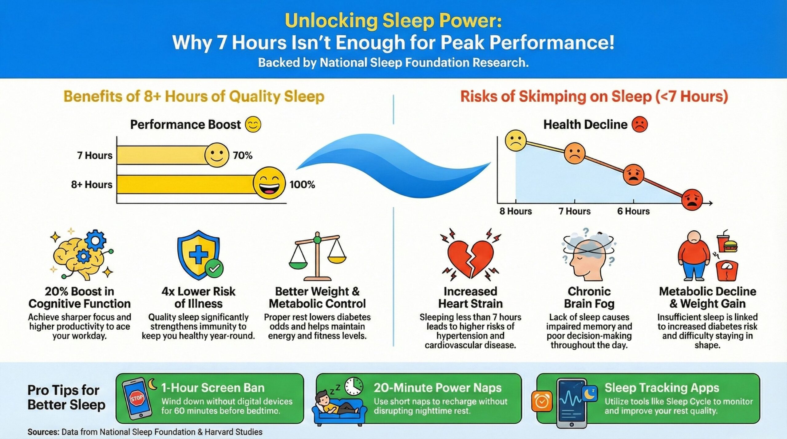 Bright infographic with charts and icons showing benefits of 8+ hours sleep like cognitive boosts and immunity strength versus risks of under 7 hours such as heart strain and brain fog, highlighting why 7 hours isn't enough sleep for optimal health and productivity