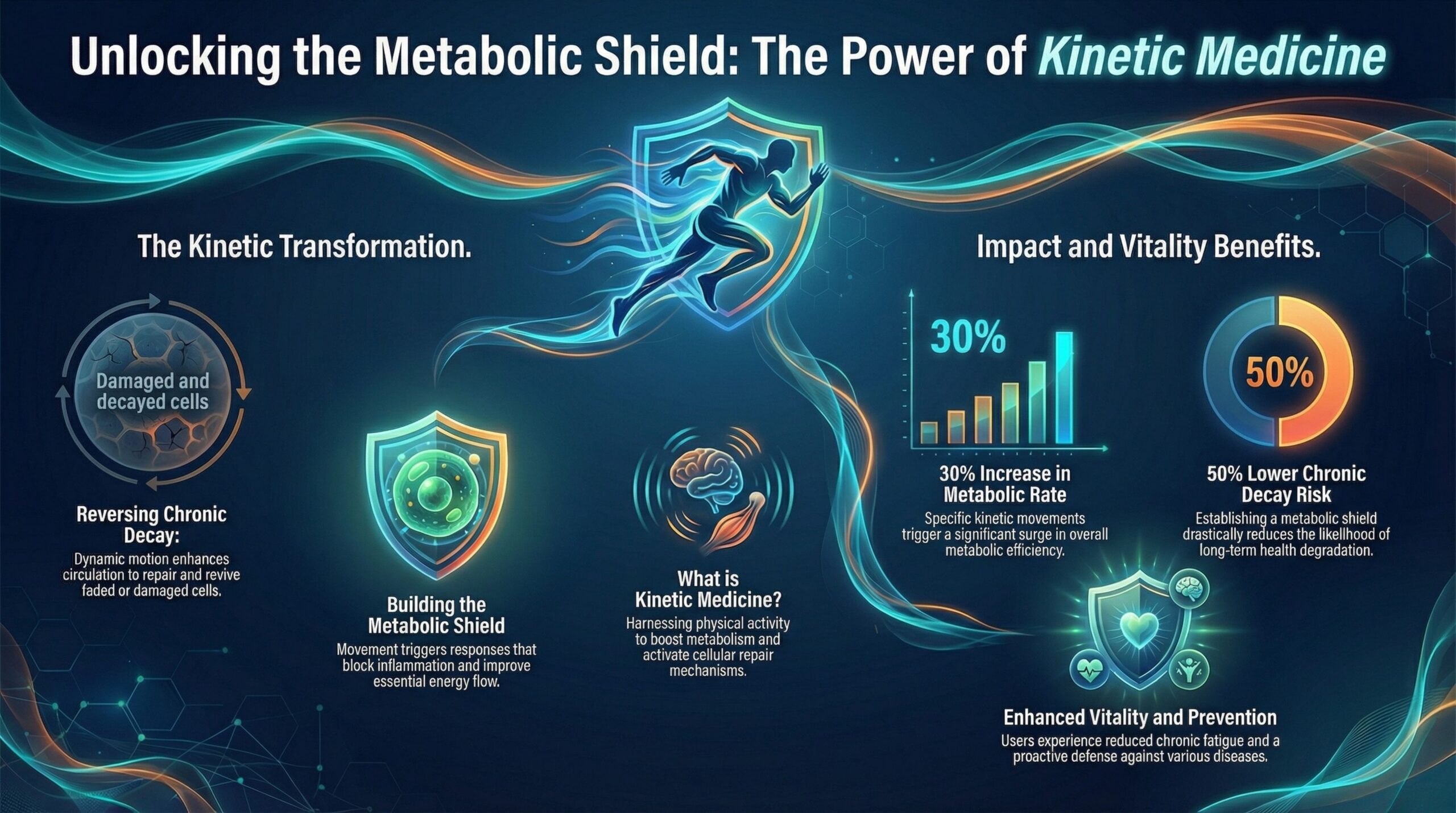 Futuristic infographic illustrating the power of Kinetic Medicine, featuring a runner with energy trails, cellular transformation diagrams, metabolic shields, and vitality benefits charts showing 30% metabolic rate increase and 50% lower chronic decay risk.