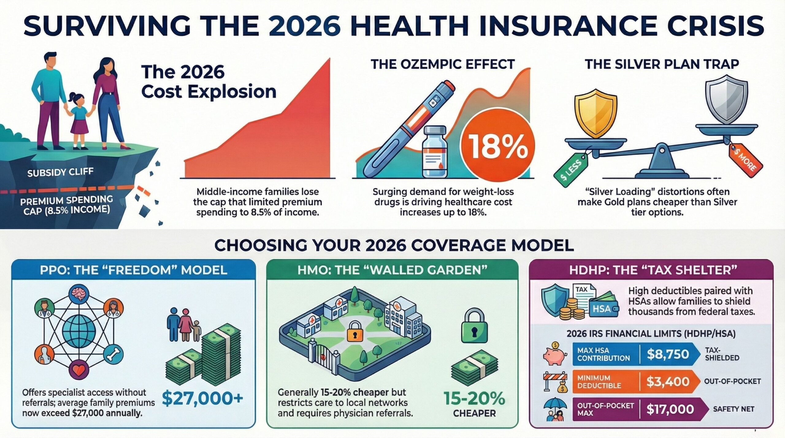 Infographic illustrating the 2026 health insurance crisis for families, including the subsidy cliff, Ozempic effect, silver plan trap, and comparisons of PPO, HMO, and HDHP models as the best health insurance options for families in 2026.