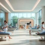 A serene, high-tech rehabilitation center in Insured Rehab 2026, featuring adjustable patient beds, attentive nurses in scrubs, digital monitoring screens, lush indoor plants, and expansive windows overlooking greenery for optimal healing environments.