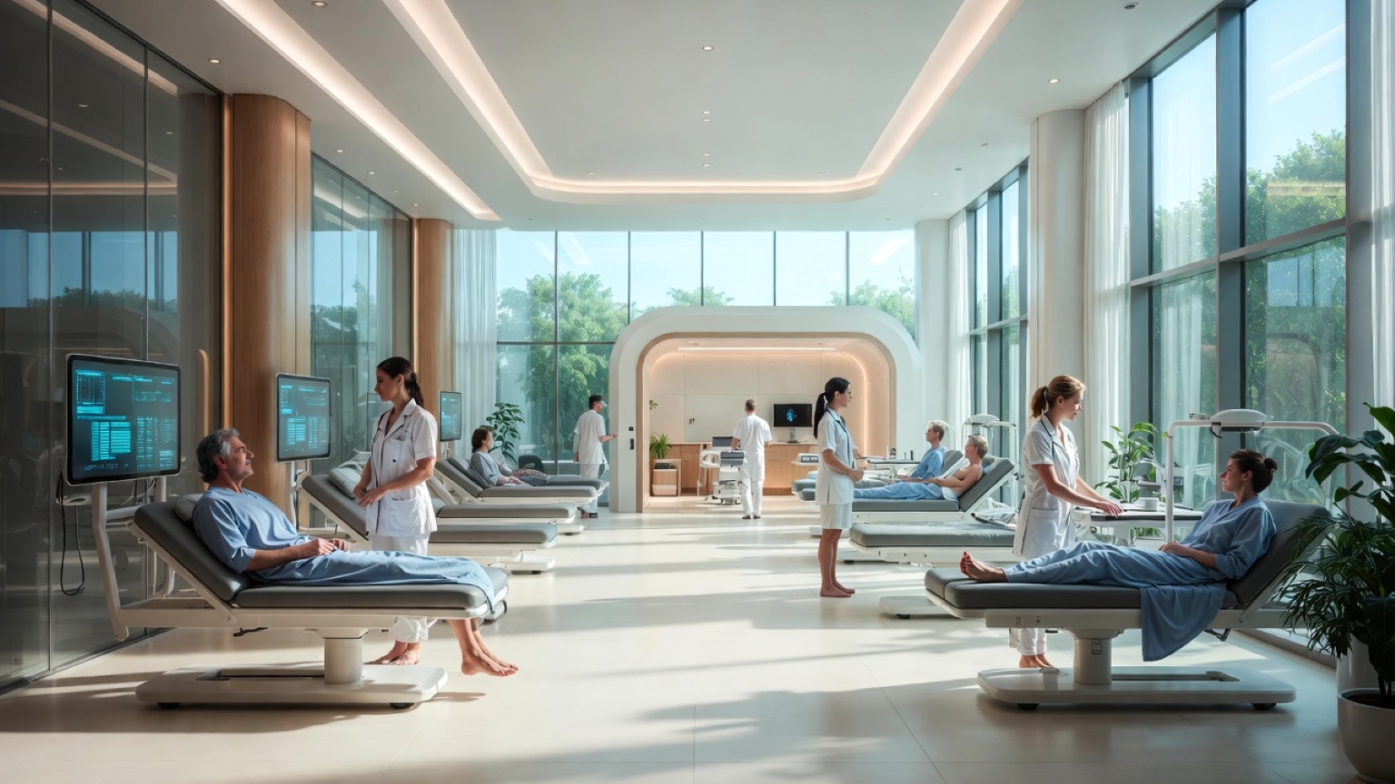 A serene, high-tech rehabilitation center in Insured Rehab 2026, featuring adjustable patient beds, attentive nurses in scrubs, digital monitoring screens, lush indoor plants, and expansive windows overlooking greenery for optimal healing environments.