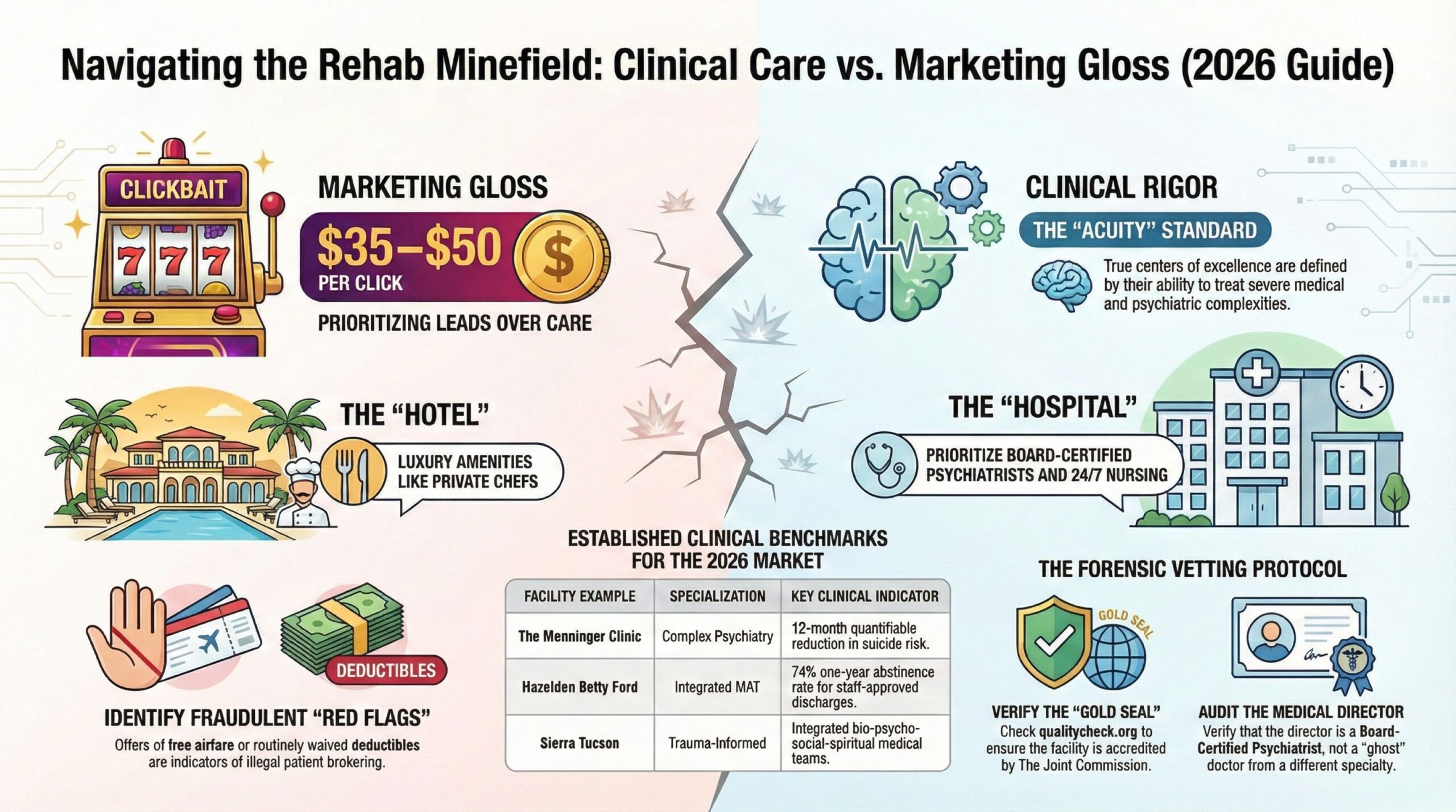 Infographic titled "Navigating the Rehab Minefield: Clinical Care vs. Marketing Gloss (2026 Guide)" for Insured Rehab 2026, contrasting marketing tactics like $35–$50 per click ads and luxury hotel-style amenities with clinical standards such as board-certified psychiatrists, 24/7 nursing, and forensic vetting protocols including Gold Seal accreditation verification and medical director audits; features examples of centers like The Menninger Clinic, Hazelden Betty Ford, and Sierra Tucson with key clinical indicators.