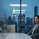 Professional businesswoman sitting in a modern high-rise office overlooking New York City skyline at night, showing signs of high-functioning anxiety and burnout