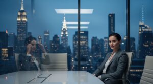 Professional businesswoman sitting in a modern high-rise office overlooking New York City skyline at night, showing signs of high-functioning anxiety and burnout