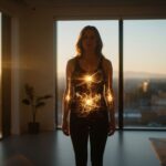 A woman stands in a modern living room at sunset, surrounded by glowing golden energy lines and circuits that form intricate patterns across her body, symbolizing rhythmic health and circadian rhythm synchronization.