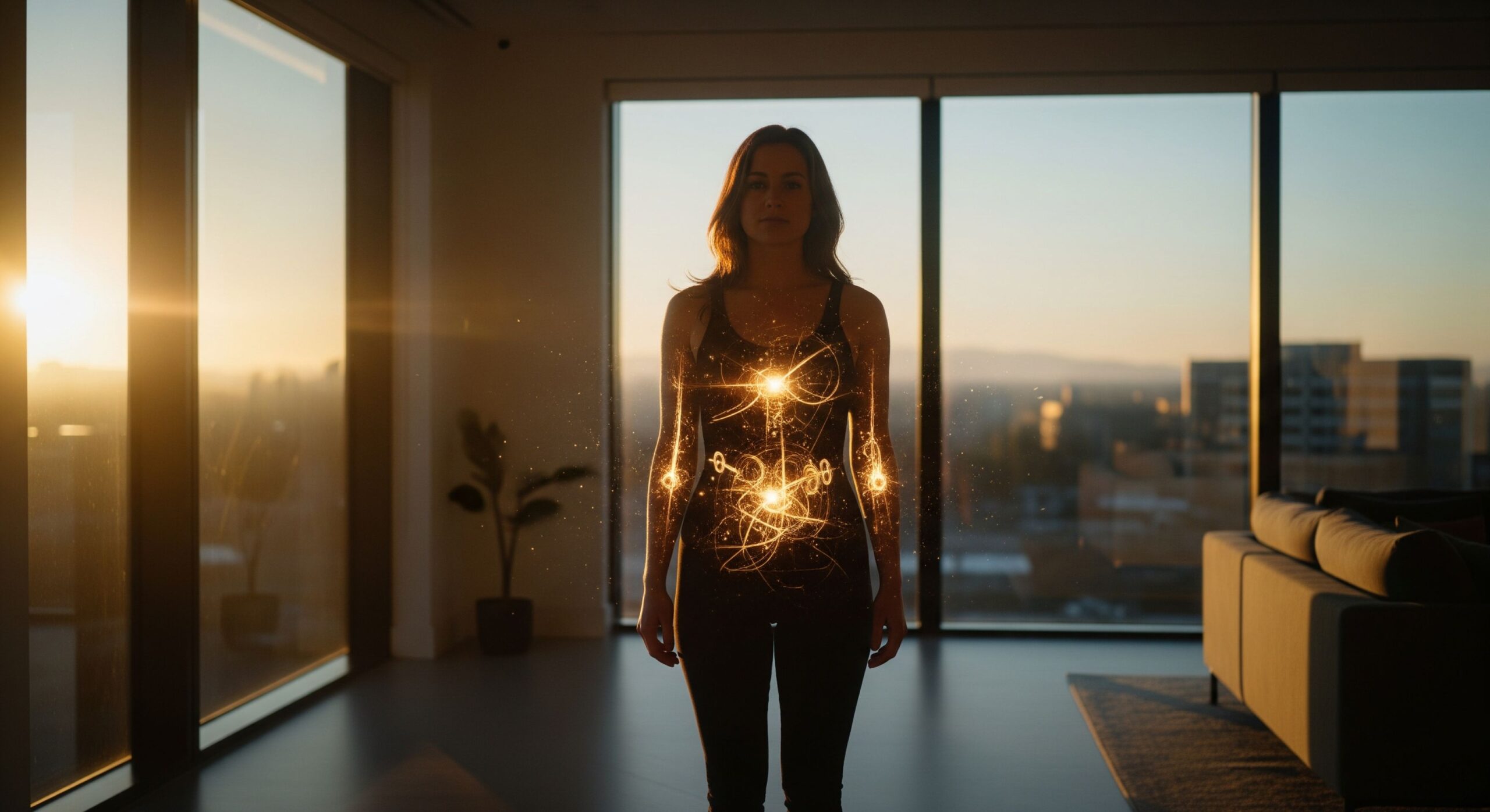 A woman stands in a modern living room at sunset, surrounded by glowing golden energy lines and circuits that form intricate patterns across her body, symbolizing rhythmic health and circadian rhythm synchronization.