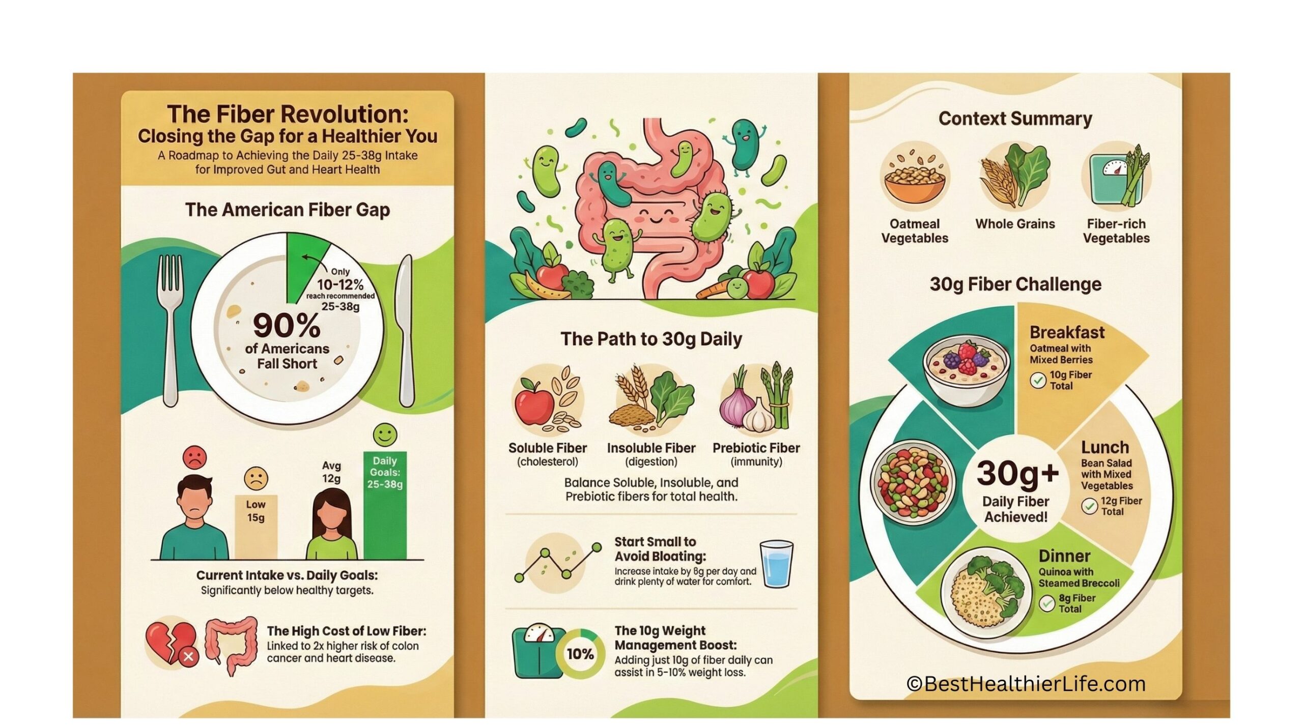 Infographic on the Fiber Revolution, highlighting the American fiber gap where 90% fall short of 25-38g daily intake, risks of low fiber like increased colon cancer and heart disease, types of fiber (soluble for cholesterol, insoluble for digestion, prebiotic for immunity), tips to start small and avoid bloating, and a 30g fiber challenge with sample meals including oatmeal breakfast (10g), bean salad lunch (12g), and quinoa dinner (8g) for gut and heart health.